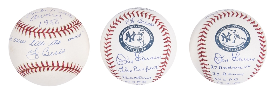 Lot of (3) Don Larsen Signed and Inscribed OML Selig Baseballs Including (2) Dual Signed with Yogi Berra (JSA Auction LOA)